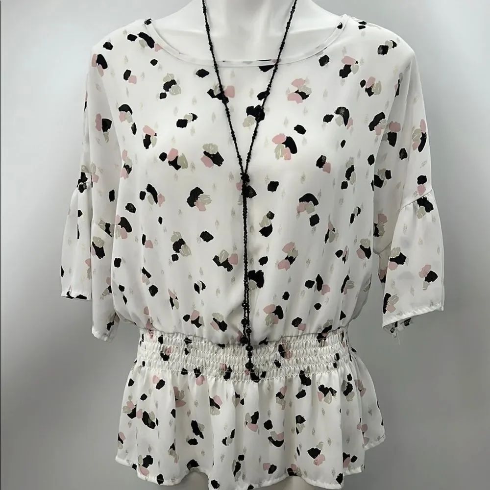 PerSeption Concept White and Black Smocked 3/4 Sleeve Blouse
